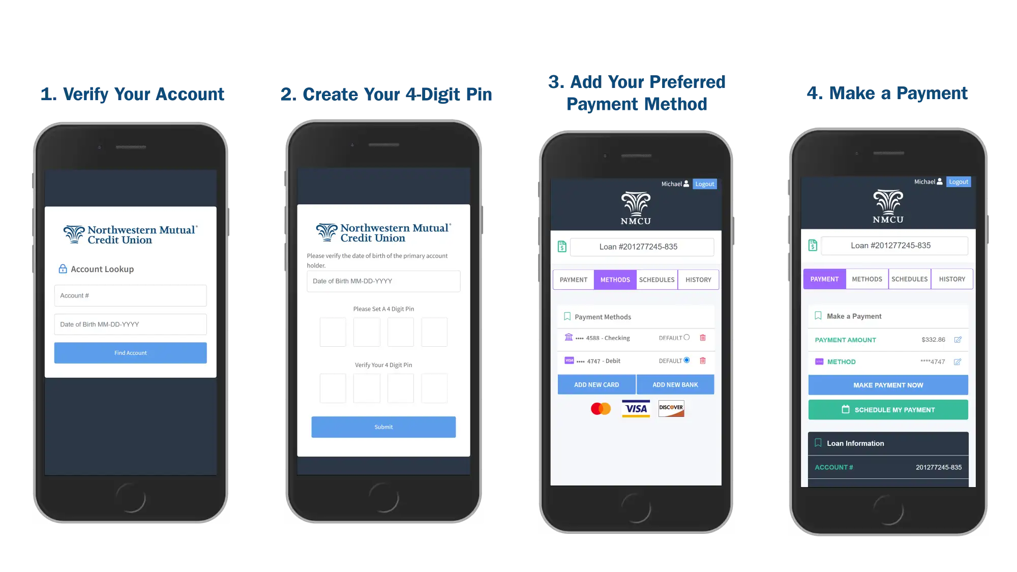 1. Verify your account. 2. Create your 4-digit PIN. 3. Add your preferred payment method. 4. Make a payment.